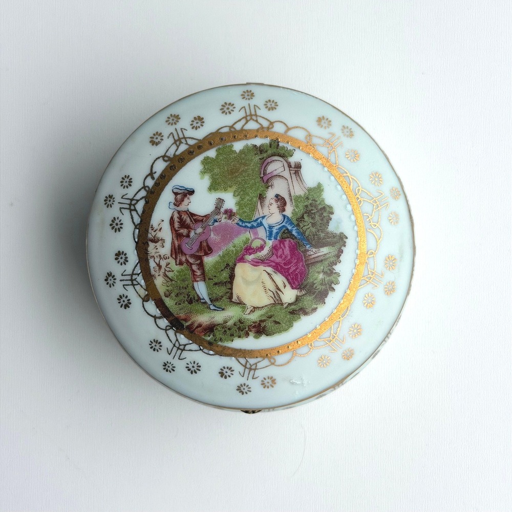 Vintage Round Porcelain Trinket Box Lefton Japan Romantic Victorian Old World